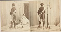 King Consort of Spain posing for photosculpture, Queen Isabella II seated