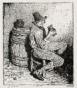 [Man sitting on stool, next to barrel, drinking]