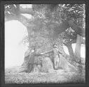[Two men stretching arms around tree trunk]