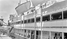 People boarding ocean liner, Japan Trip