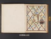 [One woman and three men framed by trellis design]