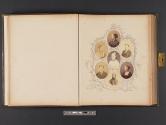 [Four women and three men framed by design of vines and leaves]