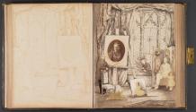 [Men, women, and children in interior scene]