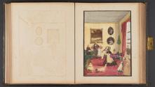 [Men, women, children, and pets in interior scene]
