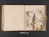 [People and animals in outdoor scene with fountain]
