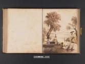 [Men, women, and dog in outdoor scene with rowboat, lake, and trees]