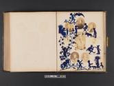 [Men and women surrounded by a series of small painted blue scenes]