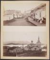 [View down street towards St. Michael's Cathedral in Sitka, Alaska] \ [Elevated view of St. Michael's Cathedral with bay and mountains in background]