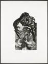 [Photocollage of a ca. 1900 woodengraving and drawn figure of a grasping monster]