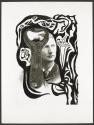 [Photocollage: printed cliché verre from a ca. 1890 negative portrait / Schaefer beer botle opener]