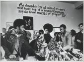 Angela Davis speaks to the press at a press conference following her release on bail during her trial, San Jose