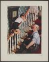 [Boy sliding down banister talking to carpet installer (McCall's)]