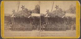 Grand Review of the Great Veteran Armies of Grant and Sherman at Washington, on the 23rd and 24th May, 1865, the Army of the Potomac, the stand in front of the President's House occupied by the President and Cabinet, Grant and Sherman, and Reviewing Officers