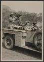 Osa Johnson driving automobile with mounted motion picture camera, African Safari