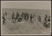 Group around dead lion, African Safari