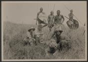 Osa Johnson and the Akeleys with dead lion, African Safari
