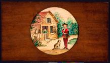 [Boy with dog in front of house]