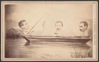 [Photomontage of three men fishing and fourth man as fish on a line]