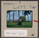 [Hula dancer and musicians, Hawaii (travel slide)]