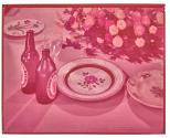 [Beer bottles, dishes, and flowers on table]