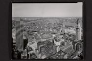 View of the New England Merchants Bank Building, North End, Southeast Expressway, Boston Harbor and Customs House