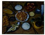 [Table spread of a shrimp dinner]