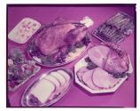 [Table spread of ham and turkey dinner]