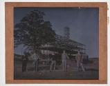[Men with golf clubs at construction site]