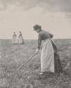 [Woman raking]
