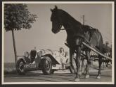 My Opel race car and horse-drawn hay rake. Highway near Treptow, Germany