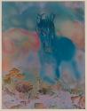 [Blue toy horse in flower patch]