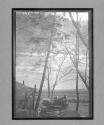 [auto driving near river, railroad track]