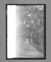 [three people in wooded garden]