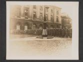 [American troops stand at attention during ceremonies in which Maj. Gen. Walton H. Walker formally presented the liberated city of Metz back to the French on behalf of the US Army.  May. Gen. Walker-Commander xxth Corps.]