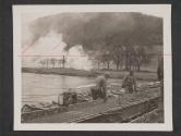 [Smoke screen is laid to cover treadway bridge across Sauer River to prevent enemy shelling of spen.  5th Inf Divn]