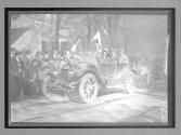 [auto tourists in town with spectators]