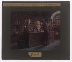 [Painting of a woman working at a counter and male patron]