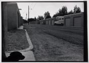 [Shadow of dog on pavement / row of garages or storage units]