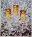 [Three Feathers [liquor], still life of three highball glasses on a bed of ice]