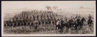 [Group portrait - large group of soldiers standing in field with daisies, officers on horseback]