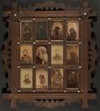 [Twelve carte-de-visites of Civil War personalities set in a grid arrangement in a wooden frame]