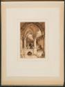 [Interior of Gothic ruin, figure seated on steps]