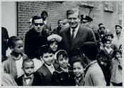 [New York City Mayor John Lindsay in crowd of children]