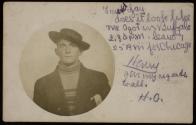 [Circular image of young man, on postcard with message to a friend]