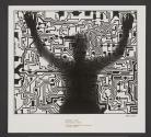 [Man silhouetted behind large schematic of a printed circuit board]