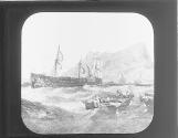 Ship Victory towed into Gibraltar after Trafalgar, 1805.