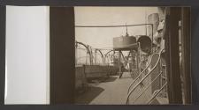 [Deck, funnels and anti-aircraft gun position onboard a transport ship.]