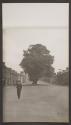 [Police constable walking on a wide residential street]