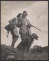 [Hunting scene with woman, man and dog]