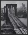 [Brooklyn Bridge, seen from the Downtown Manhattan side, with Brooklyn in the back]